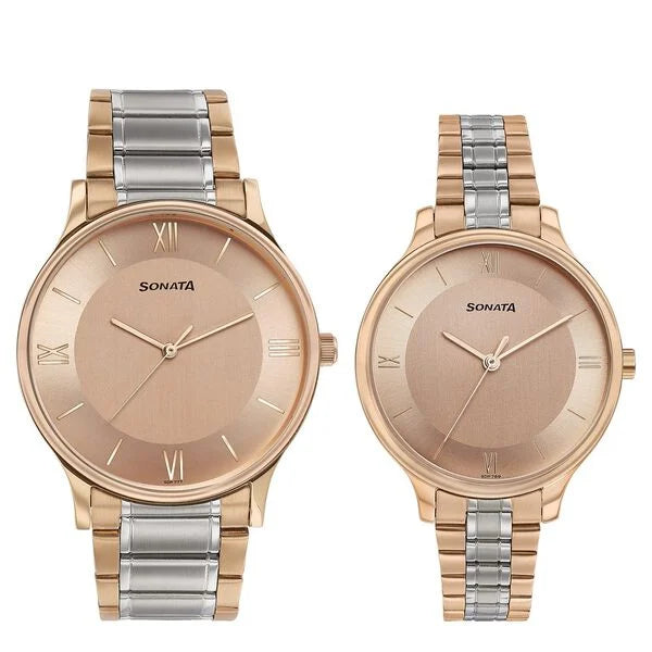 Sonata Modern Bandhan Quartz Analog Pink Dial Stainless Steel Strap Watch for Couple 7710587050km02 - KRISHNA WATCH COMPANY