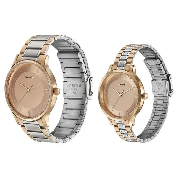 Sonata Modern Bandhan Quartz Analog Pink Dial Stainless Steel Strap Watch for Couple 7710587050km02 - KRISHNA WATCH COMPANY