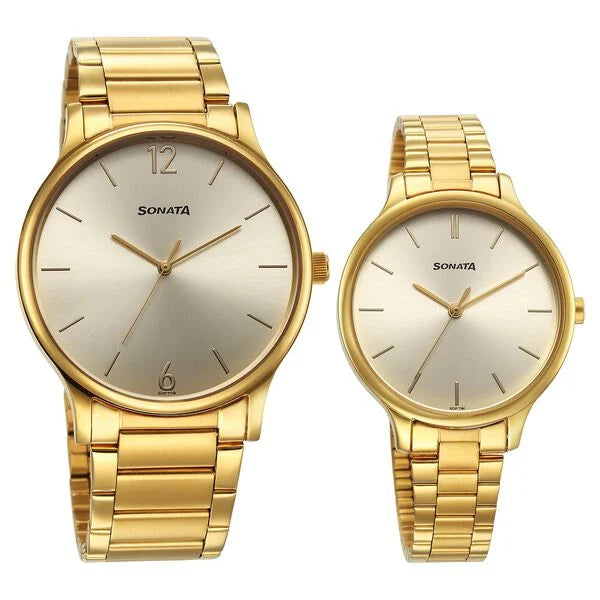 Sonata Pair Quartz Analog Champagne Dial Stainless Steel Strap Watch for Couple 7710587050ym01 - KRISHNA WATCH COMPANY