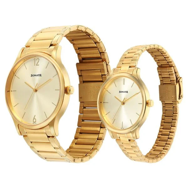 Sonata Pair Quartz Analog Champagne Dial Stainless Steel Strap Watch for Couple 7710587050ym01