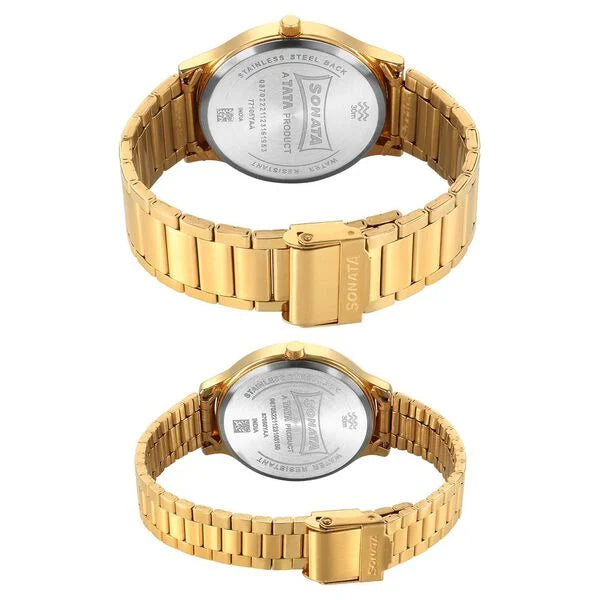 Sonata Pair Quartz Analog Champagne Dial Stainless Steel Strap Watch for Couple 7710587050ym01 - KRISHNA WATCH COMPANY
