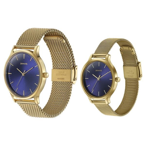 Sonata Modern Bandhan Quartz Analog Blue Dial Stainless Steel Strap Watch for Couple 7710587050ym03 - KRISHNA WATCH COMPANY