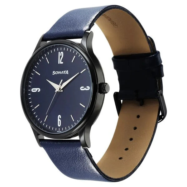 Sonata Aspire Quartz Analog Blue Dial Leather Strap Watch for Men 77105nl11w - KRISHNA WATCH COMPANY