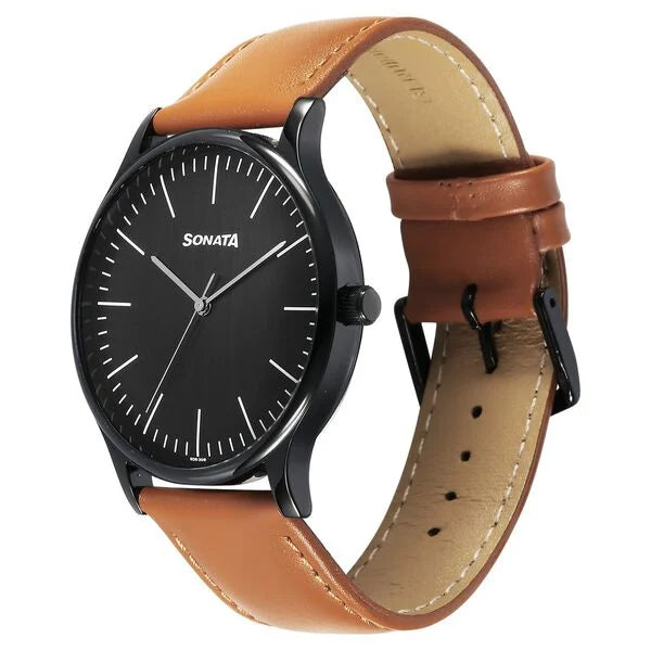 Sonata Aspire Quartz Analog Black Dial Leather For Men - 77105NL15 - KRISHNA WATCH COMPANY