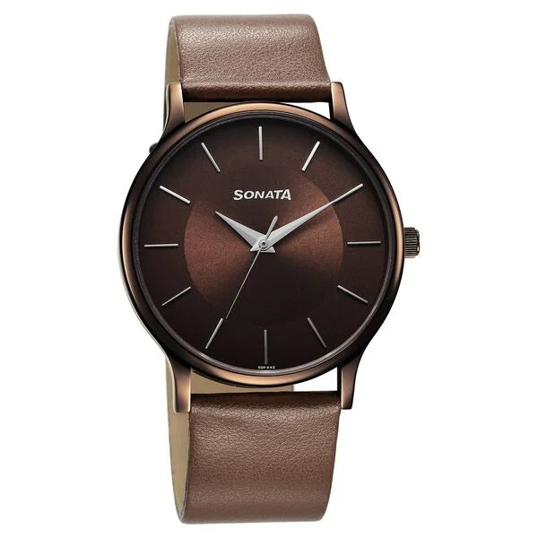 Sonata Aspire Quartz Analog Brown Dial Leather Strap Watch for Men ns77105ql02w / 77105ql02w - KRISHNA WATCH COMPANY