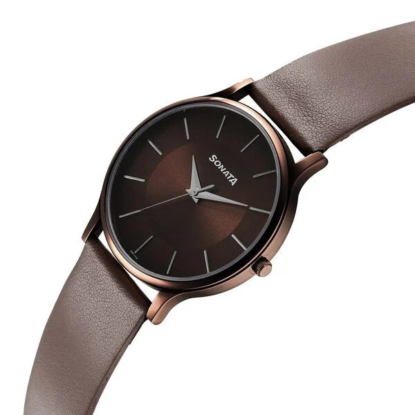 Sonata Aspire Quartz Analog Brown Dial Leather Strap Watch for Men ns77105ql02w / 77105ql02w - KRISHNA WATCH COMPANY