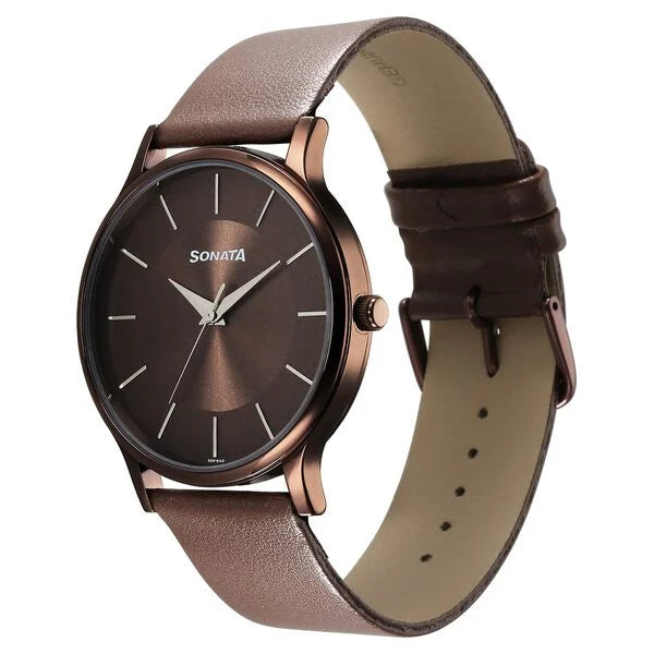 Sonata Aspire Quartz Analog Brown Dial Leather Strap Watch for Men ns77105ql02w / 77105ql02w - KRISHNA WATCH COMPANY