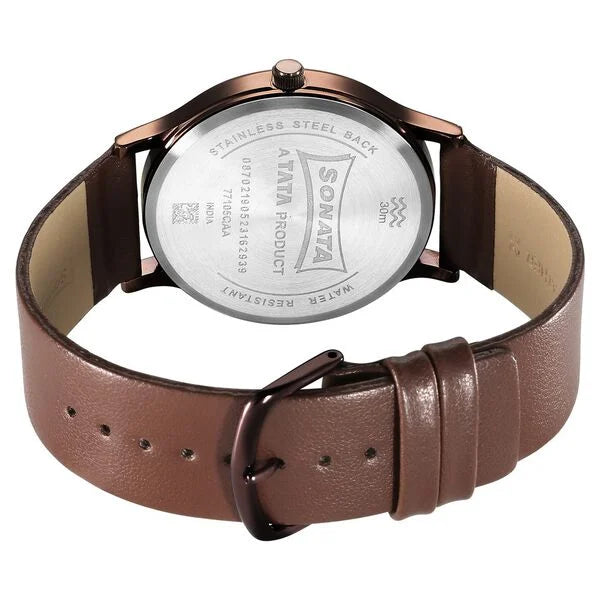 Sonata Aspire Quartz Analog Brown Dial Leather Strap Watch for Men ns77105ql02w / 77105ql02w - KRISHNA WATCH COMPANY