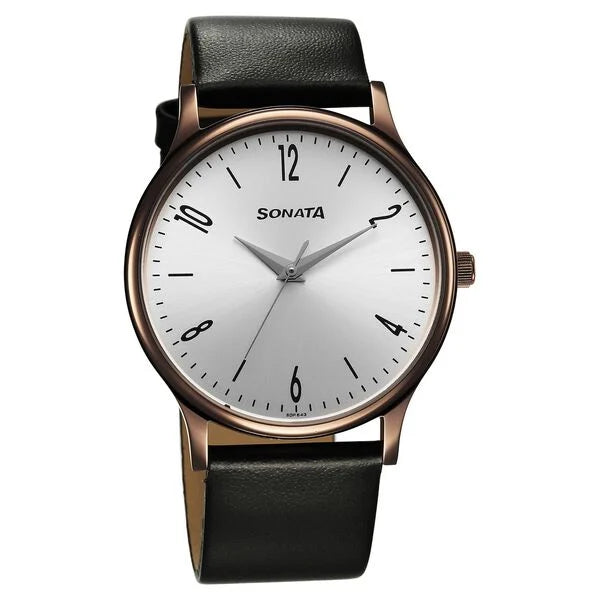 Sonata Aspire Quartz Analog Silver Dial Leather Strap Watch for Men 77105ql03w - KRISHNA WATCH COMPANY