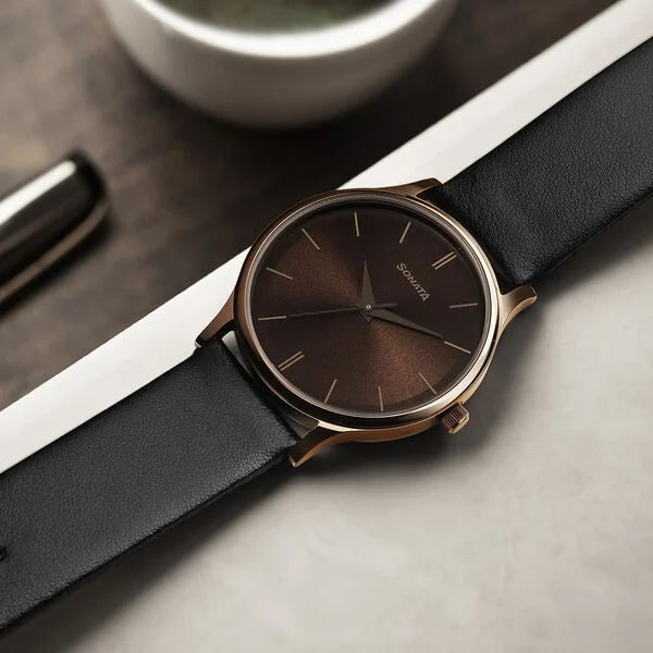 Sonata Aspire Quartz Analog Brown Dial Leather Strap Watch for Men - 77105QL05W - KRISHNA WATCH COMPANY