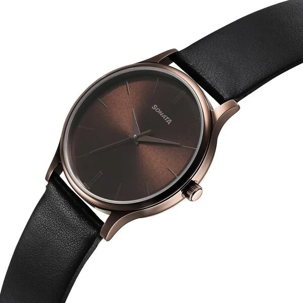 Sonata Aspire Quartz Analog Brown Dial Leather Strap Watch for Men - 77105QL05W - KRISHNA WATCH COMPANY