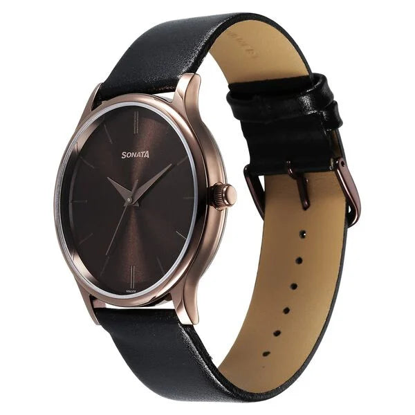 Sonata Aspire Quartz Analog Brown Dial Leather Strap Watch for Men - 77105QL05W - KRISHNA WATCH COMPANY