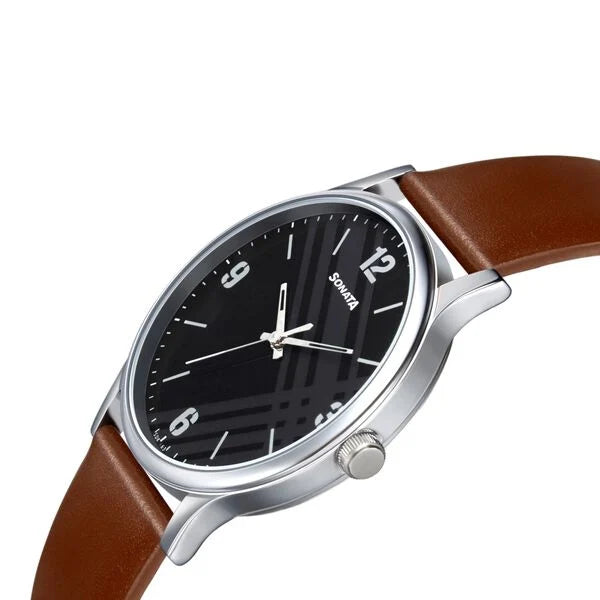 Sonata Smart Plaid Quartz Analog Watch for Men - 77105SL02W - KRISHNA WATCH COMPANY