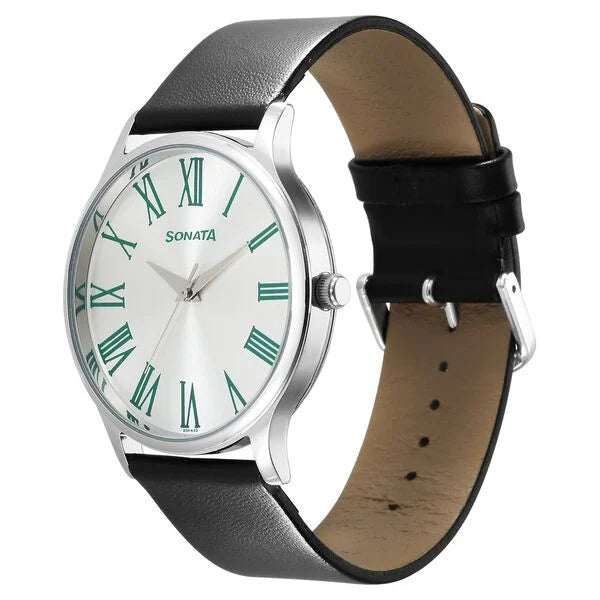 Sonata Aspire Quartz Analog Silver Dial Leather Strap Watch for Men 77105sl12w - KRISHNA WATCH COMPANY