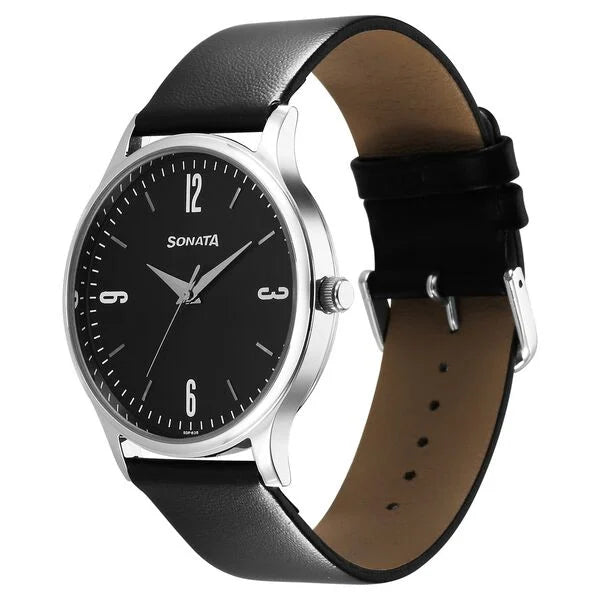 Sonata Aspire Quartz Analog Black Dial Leather Strap Watch for Men 77105sl14w - KRISHNA WATCH COMPANY