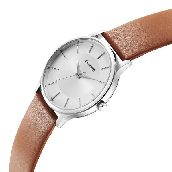 Sonata Aspire Quartz Analog Silver Dial Leather Strap Watch for Men 77105sl16w - KRISHNA WATCH COMPANY