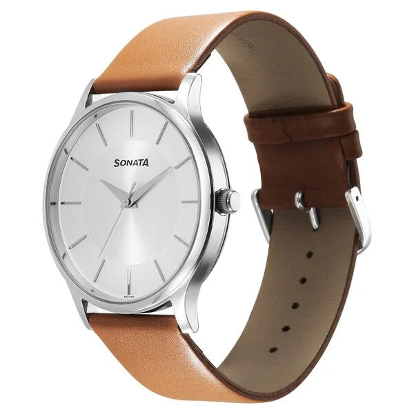 Sonata Aspire Quartz Analog Silver Dial Leather Strap Watch for Men 77105sl16w - KRISHNA WATCH COMPANY