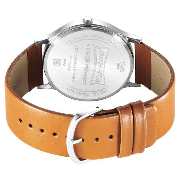 Sonata Aspire Quartz Analog Silver Dial Leather Strap Watch for Men 77105sl16w - KRISHNA WATCH COMPANY