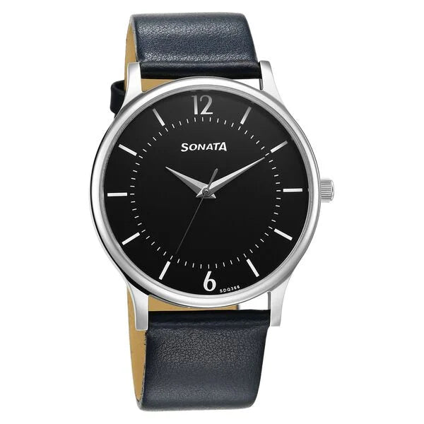 Sonata Aspire Quartz Analog Black Dial Leather Strap Watch for Men - 77105SL18W - KRISHNA WATCH COMPANY