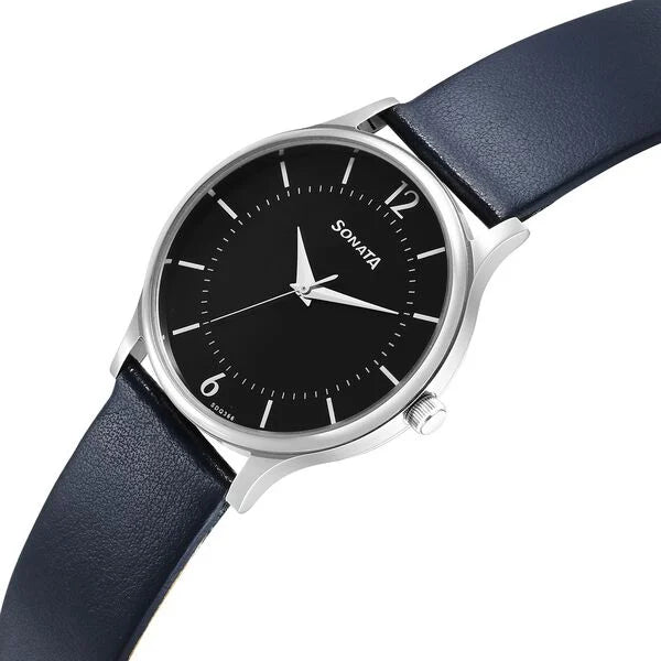 Sonata Aspire Quartz Analog Black Dial Leather Strap Watch for Men - 77105SL18W - KRISHNA WATCH COMPANY