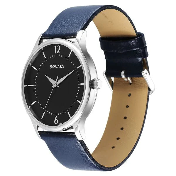 Sonata Aspire Quartz Analog Black Dial Leather Strap Watch for Men - 77105SL18W - KRISHNA WATCH COMPANY