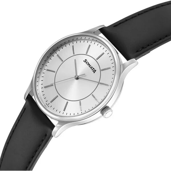 Sonata Aspire Quartz Analog Silver Dial Leather Strap Watch For Men 77105SL21W_P - KRISHNA WATCH COMPANY