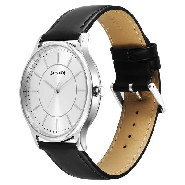Sonata Aspire Quartz Analog Silver Dial Leather Strap Watch For Men 77105SL21W_P - KRISHNA WATCH COMPANY