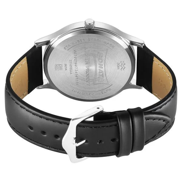 Sonata Aspire Quartz Analog Silver Dial Leather Strap Watch For Men 77105SL21W_P - KRISHNA WATCH COMPANY