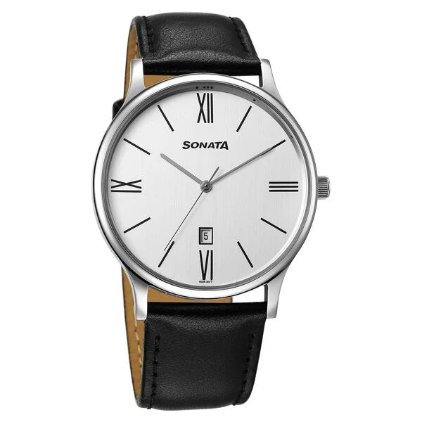 Sonata Aspire Quartz Analog with Day and Date White Dial Leather Strap Watch For Men 77105sl22w - KRISHNA WATCH COMPANY