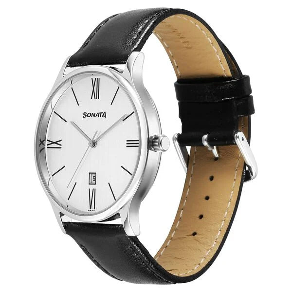 Sonata Aspire Quartz Analog with Day and Date White Dial Leather Strap Watch For Men 77105sl22w - KRISHNA WATCH COMPANY