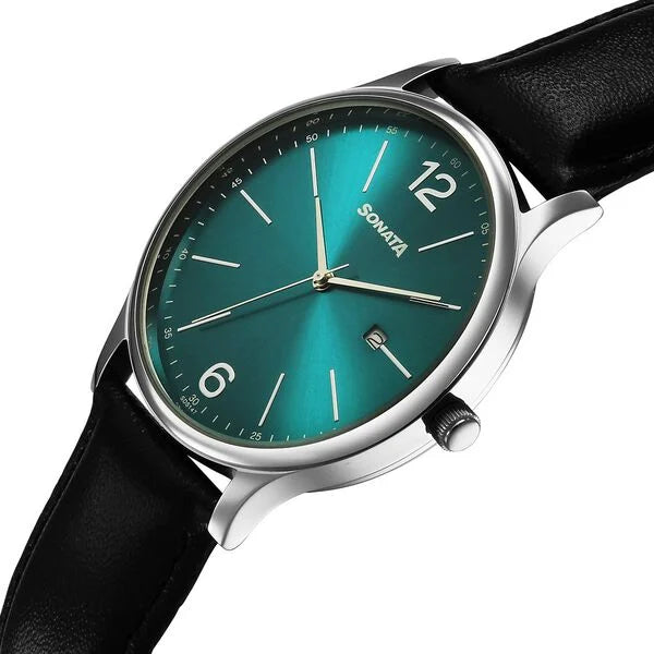 Sonata Aspire Quartz Analog with Date Green Dial Leather Strap Watch For Men 77105sl23w - KRISHNA WATCH COMPANY