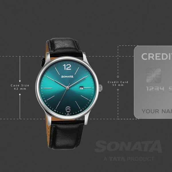 Sonata Aspire Quartz Analog with Date Green Dial Leather Strap Watch For Men 77105sl23w - KRISHNA WATCH COMPANY