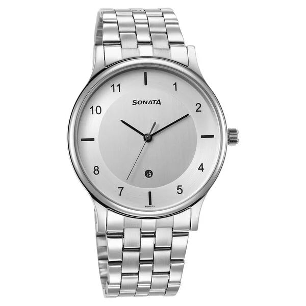 Sonata Quartz Analog with Date Silver Dial Watch for Men - 77105SM07 - KRISHNA WATCH COMPANY