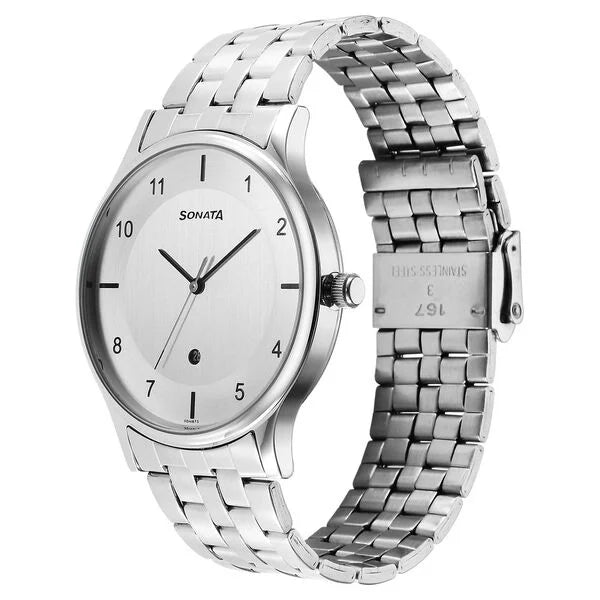 Sonata Quartz Analog with Date Silver Dial Watch for Men - 77105SM07 - KRISHNA WATCH COMPANY