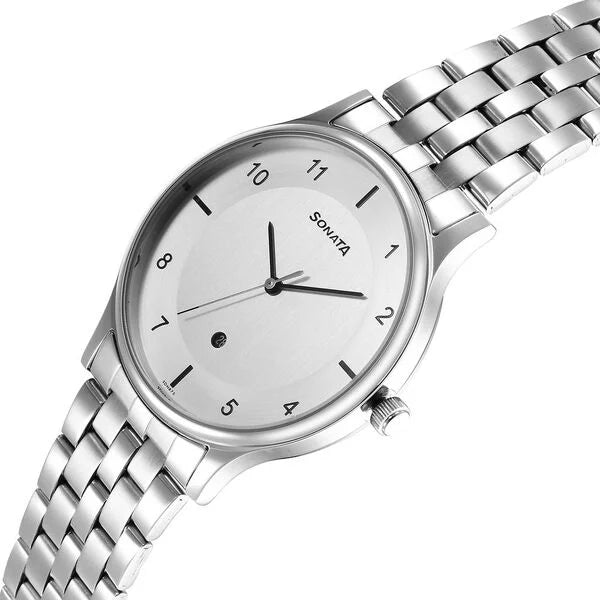 Sonata Quartz Analog with Date Silver Dial Watch for Men - 77105SM07 - KRISHNA WATCH COMPANY