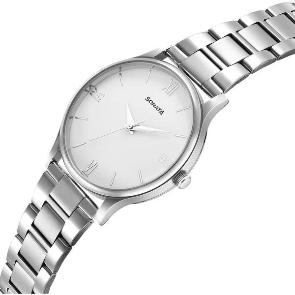 Sonata Aspire Quartz Analog White Dial Watch for Men - 77105SM12W - KRISHNA WATCH COMPANY