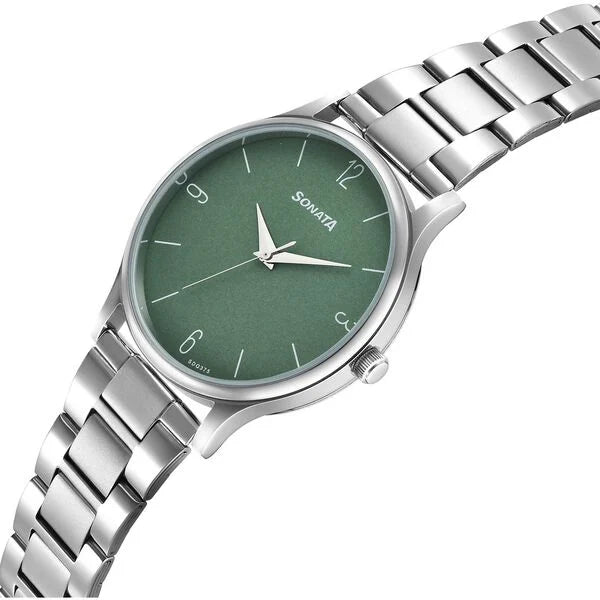 Sonata Aspire Quartz Analog Green Dial Stainless Steel Strap Watch for Men 77105SM13 - KRISHNA WATCH COMPANY