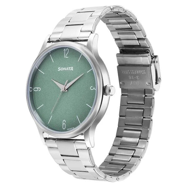 Sonata Aspire Quartz Analog Green Dial Stainless Steel Strap Watch for Men 77105SM13 - KRISHNA WATCH COMPANY