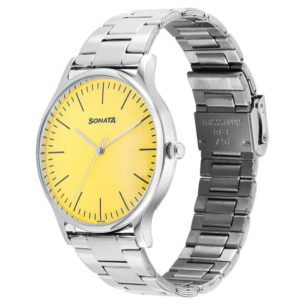 Sonata Aspire Quartz Analog Yellow Dial Stainless Steel Strap Watch For Men 77105sm16w - KRISHNA WATCH COMPANY