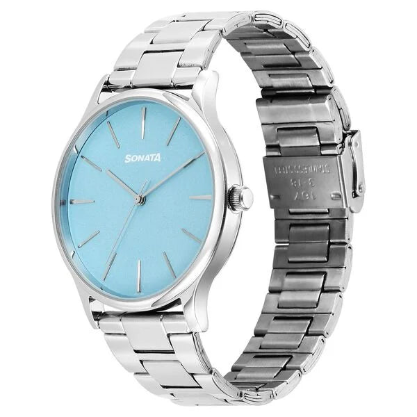 Sonata Aspire Quartz Analog Blue Dial Watch For Men - 77105SM18W - KRISHNA WATCH COMPANY