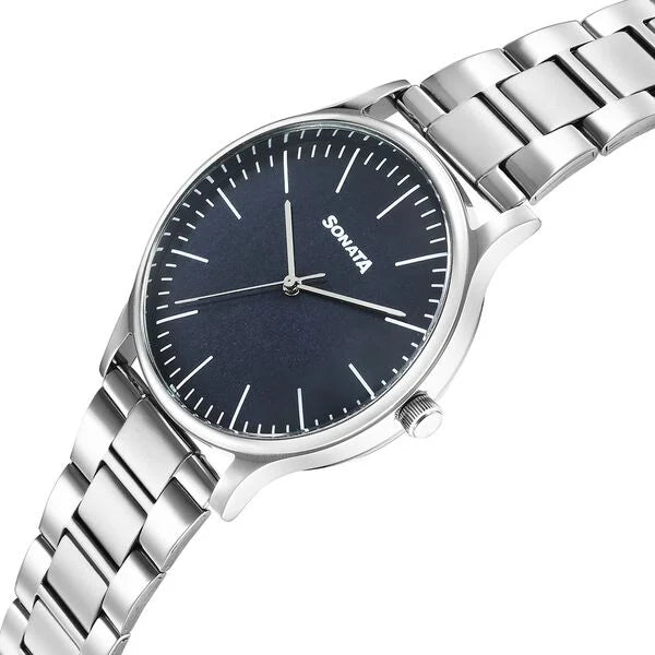 Sonata Aspire Quartz Analog Blue Dial Watch For Men - 77105SM19W - KRISHNA WATCH COMPANY