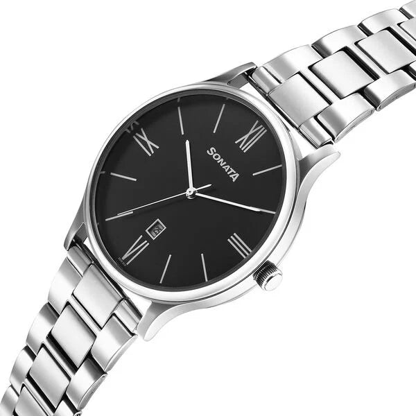 Sonata Aspire Quartz Analog with Date Black Dial Stainless Steel Strap Watch For Men 77105sm21w - KRISHNA WATCH COMPANY