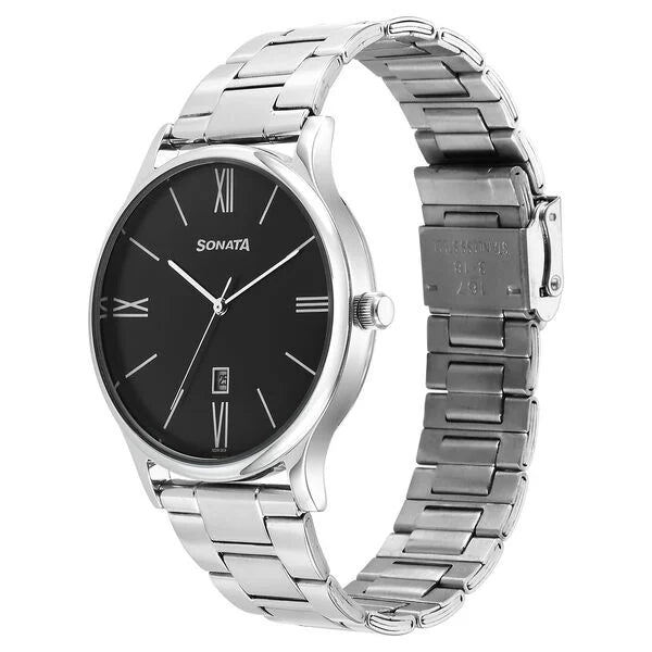 Sonata Aspire Quartz Analog with Date Black Dial Stainless Steel Strap Watch For Men 77105sm21w - KRISHNA WATCH COMPANY