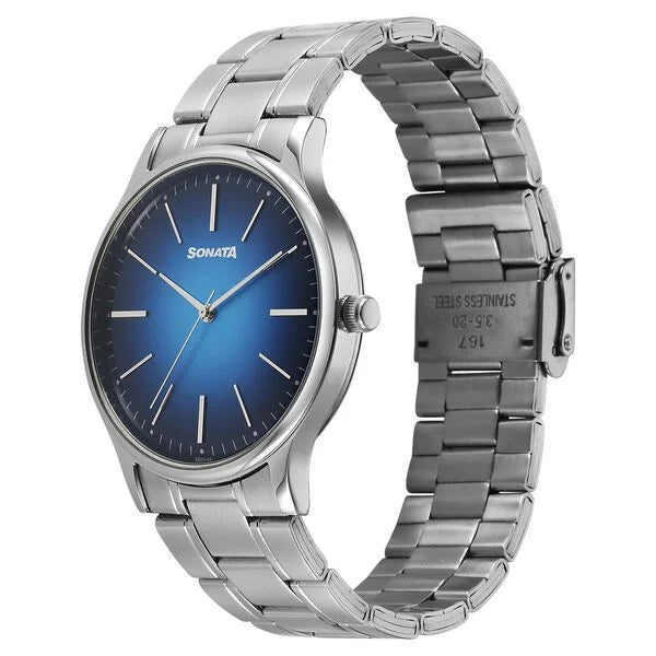Sonata Aspire Quartz Analog Blue Dial Watch For Men - 77105SM23W - KRISHNA WATCH COMPANY