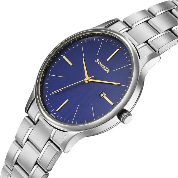 Sonata Aspire Quartz Analog with Date Blue Dial Watch For Men - 77105SM27W - KRISHNA WATCH COMPANY
