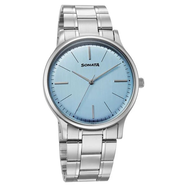 Sonata Aspire Quartz Analog Blue Dial Stainless Steel Strap Watch For Men - 77105SM29W - KRISHNA WATCH COMPANY