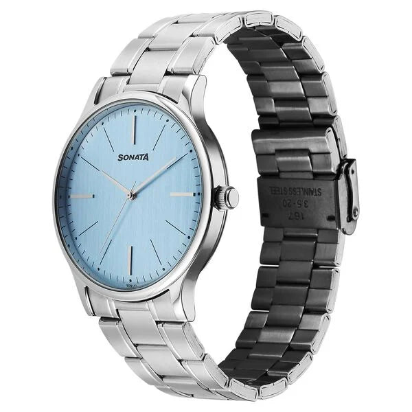 Sonata Aspire Quartz Analog Blue Dial Stainless Steel Strap Watch For Men - 77105SM29W - KRISHNA WATCH COMPANY