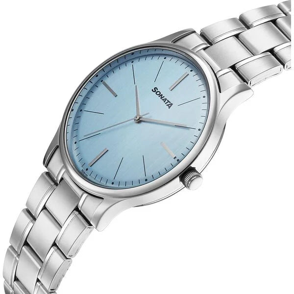 Sonata Aspire Quartz Analog Blue Dial Stainless Steel Strap Watch For Men - 77105SM29W - KRISHNA WATCH COMPANY
