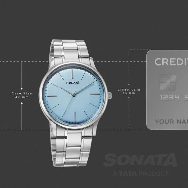 Sonata Aspire Quartz Analog Blue Dial Stainless Steel Strap Watch For Men - 77105SM29W - KRISHNA WATCH COMPANY