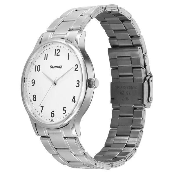 Sonata Aspire Quartz Analog White Dial Watch For Men - 77105SM30W - KRISHNA WATCH COMPANY